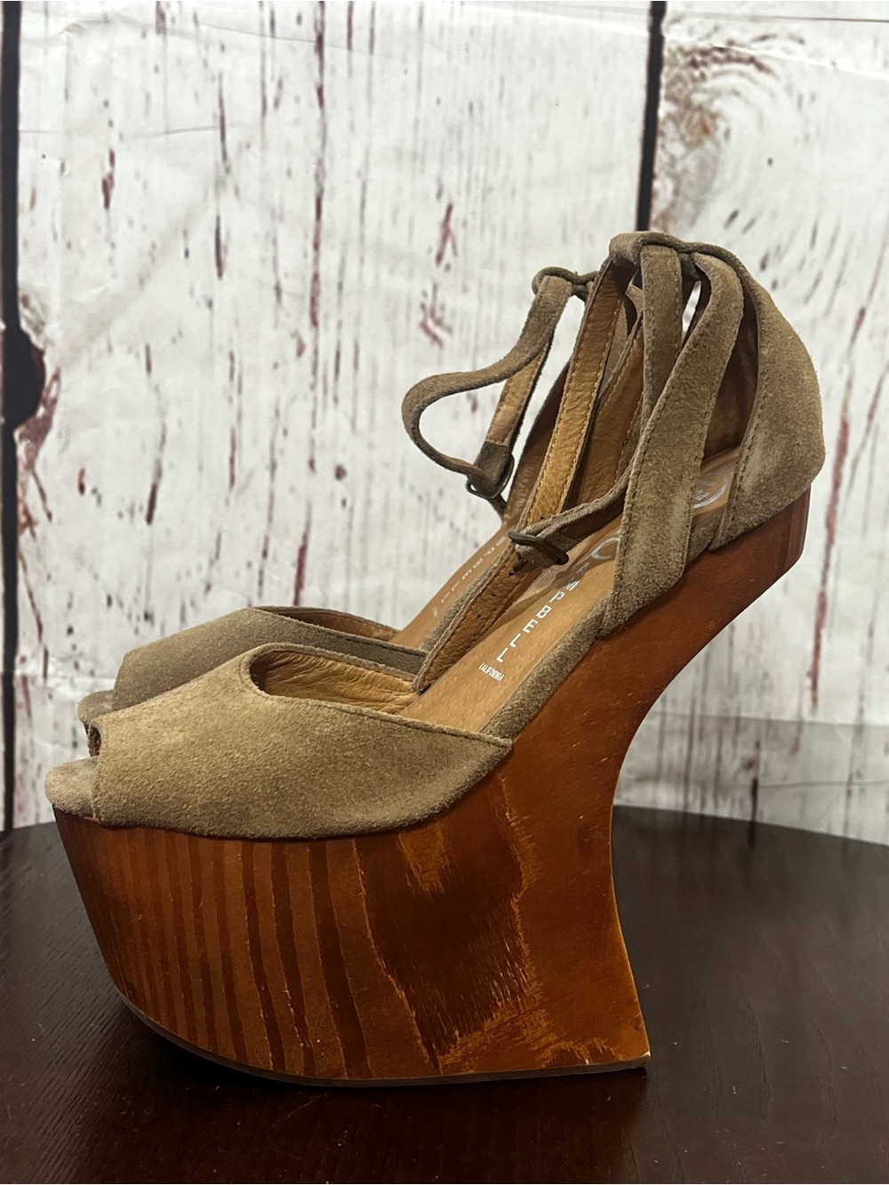 JEFFREY CAMPBELL HAVANA STR8TUP Taupe Suede Heelless Platform Wedge Sandals 6.5 - Picture 5 of 13